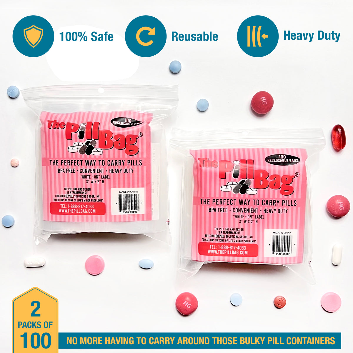 100 Zipper Pill Bags Pouch AM PM Vitamin Organizer Medicine Daily